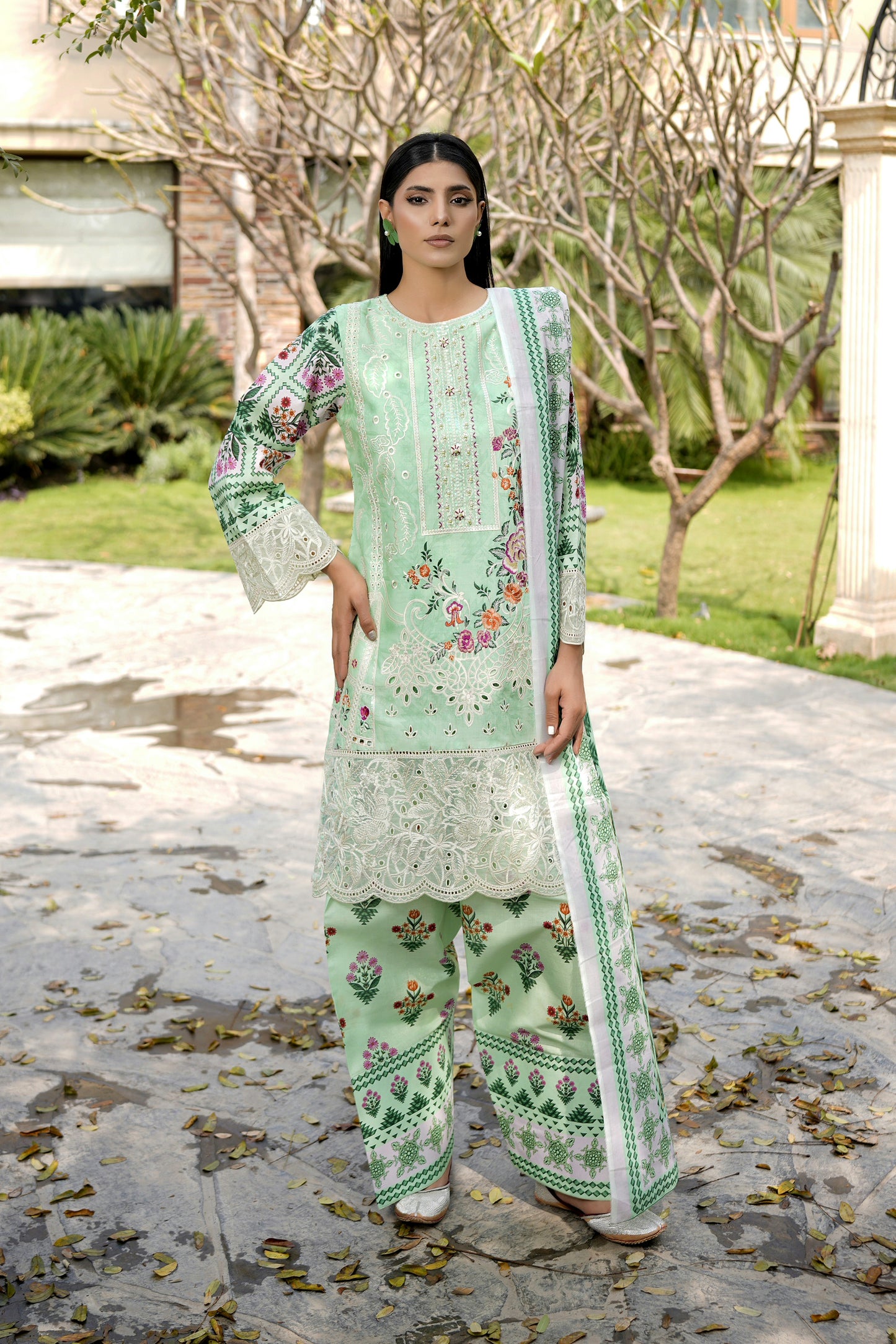 3 Piece Embroidered Mint Green Suit-Farshi