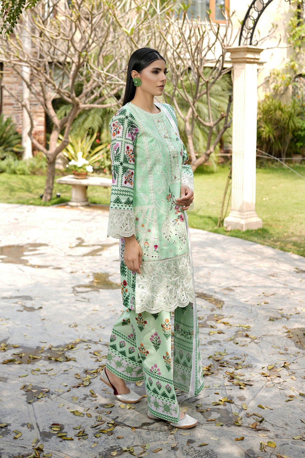3 Piece Embroidered Mint Green Suit-Farshi