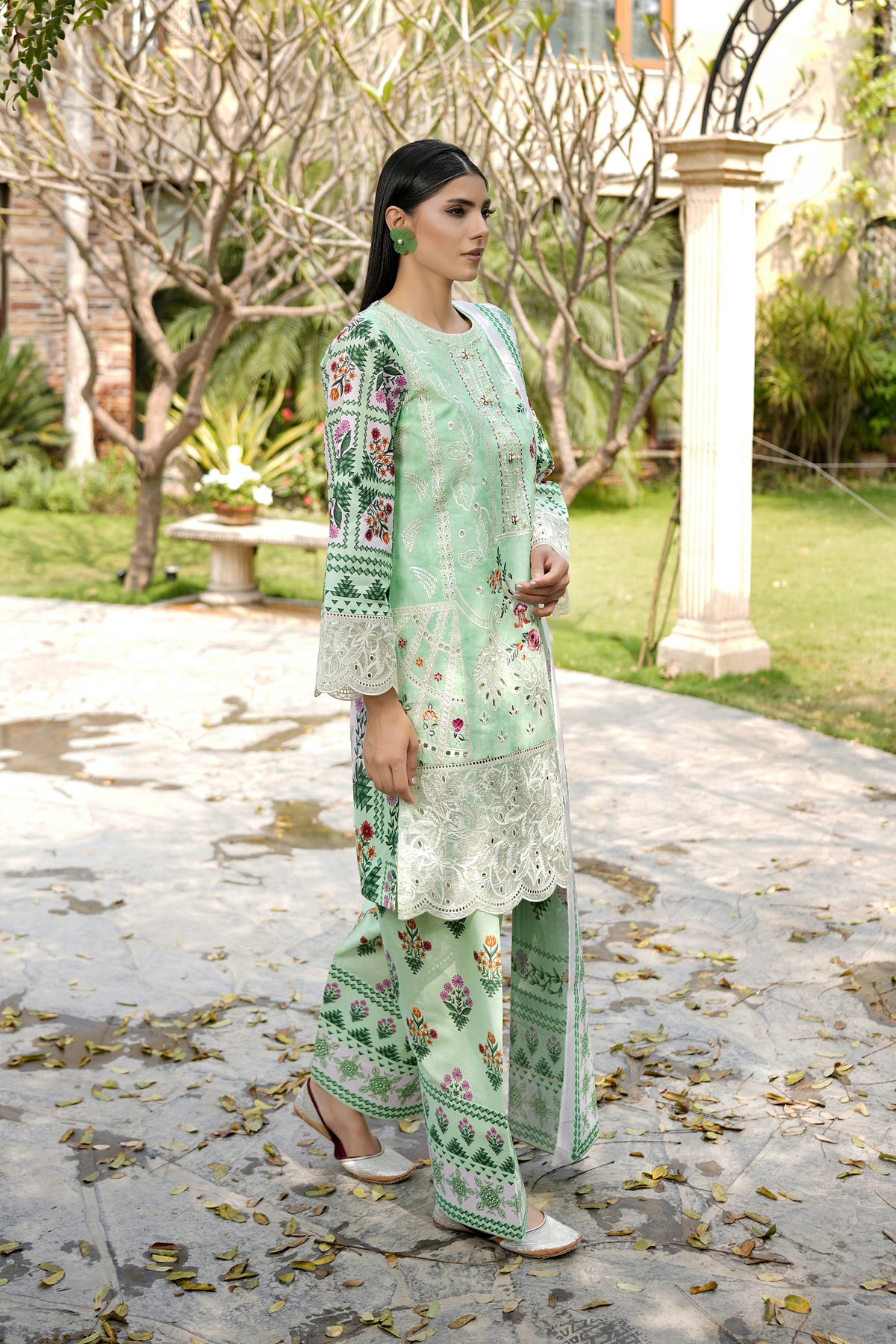 3 Piece Embroidered Mint Green Suit-Farshi