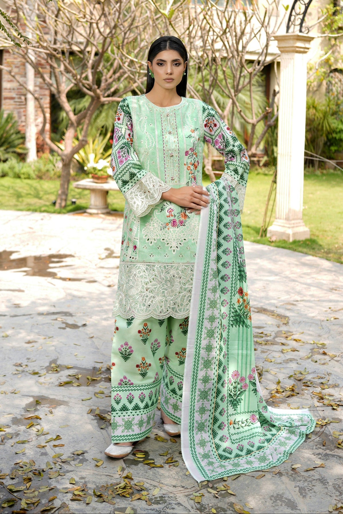 3 Piece Embroidered Mint Green Suit-Farshi