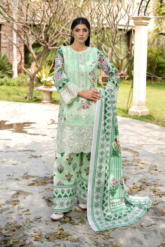 3 Piece Embroidered Mint Green Suit-Farshi