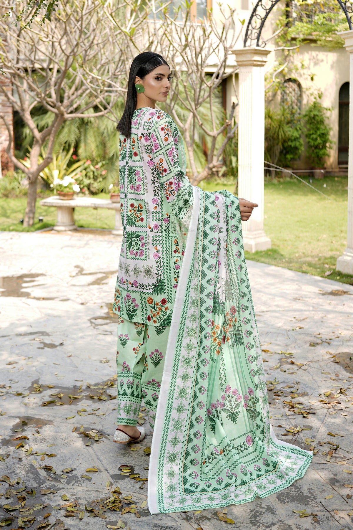 3 Piece Embroidered Mint Green Suit-Farshi
