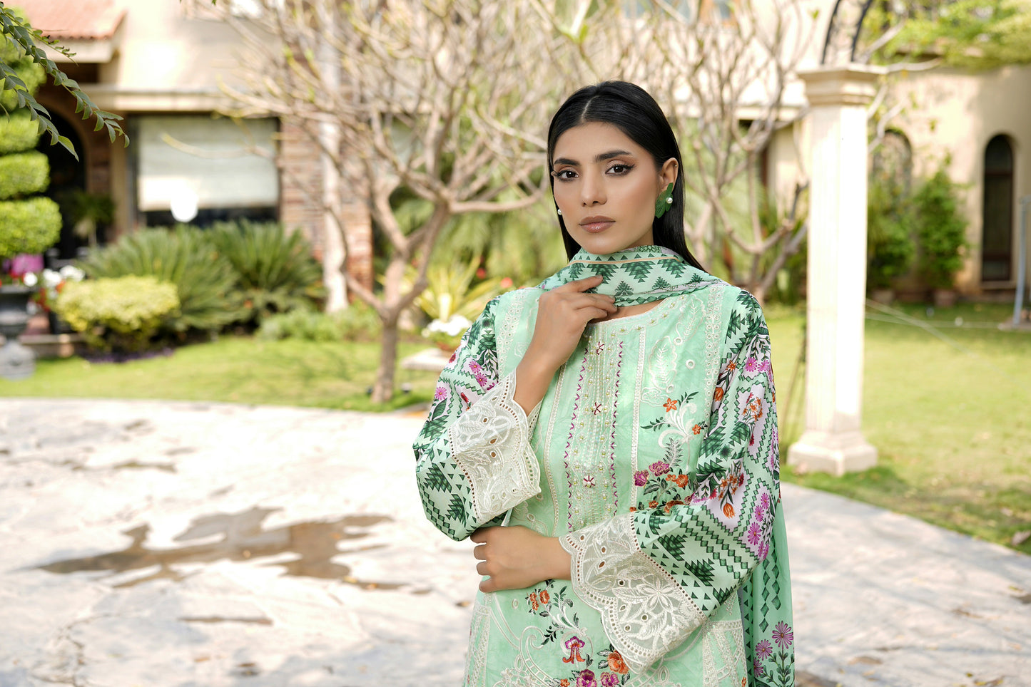 3 Piece Embroidered Mint Green Suit-Farshi