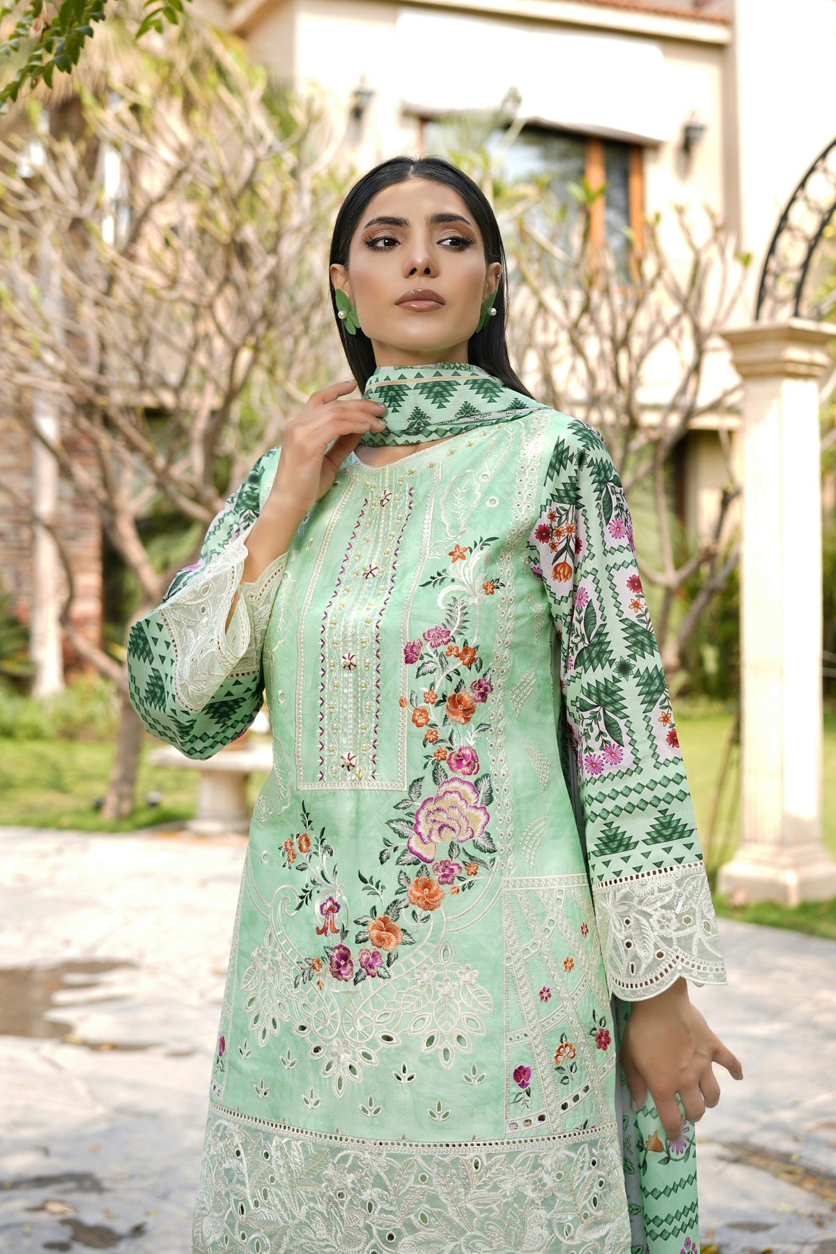 3 Piece Embroidered Mint Green Suit-Farshi