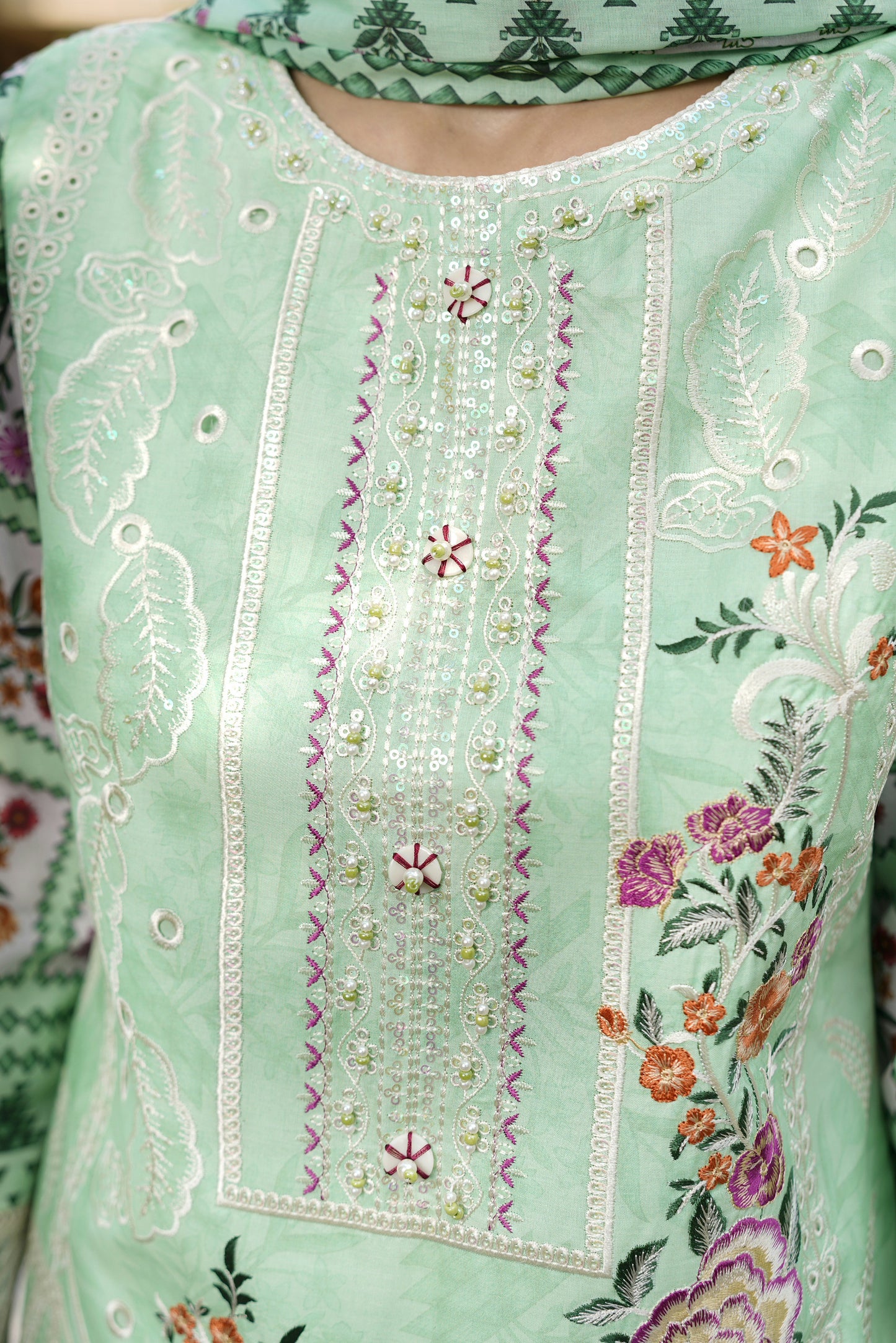 3 Piece Embroidered Mint Green Suit-Farshi