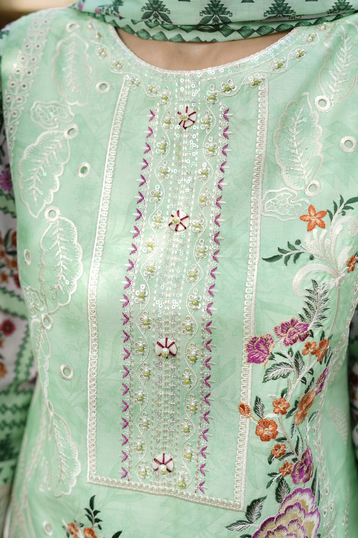3 Piece Embroidered Mint Green Suit-Farshi