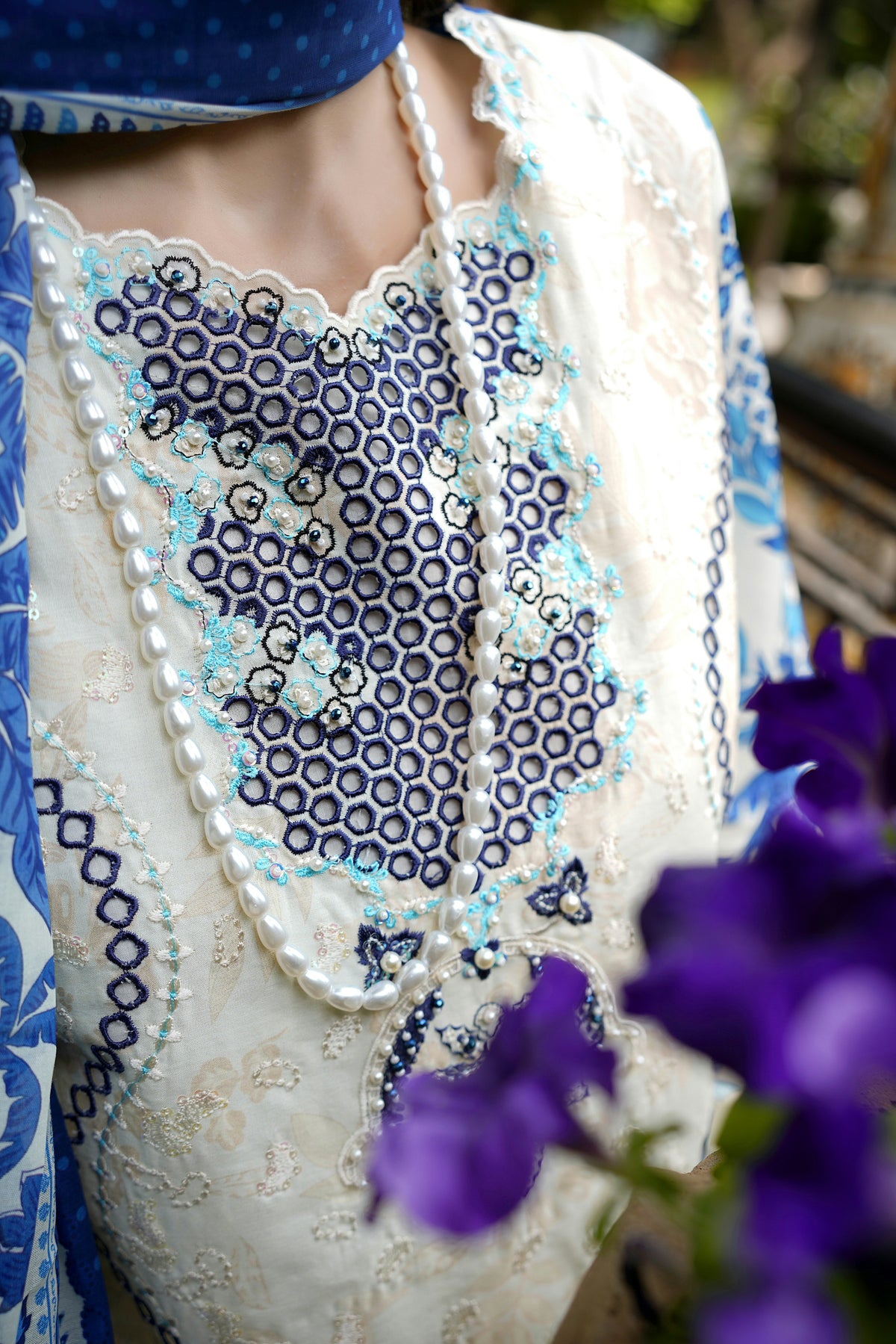 Embroidered  3 Piece Ivory Cream suite