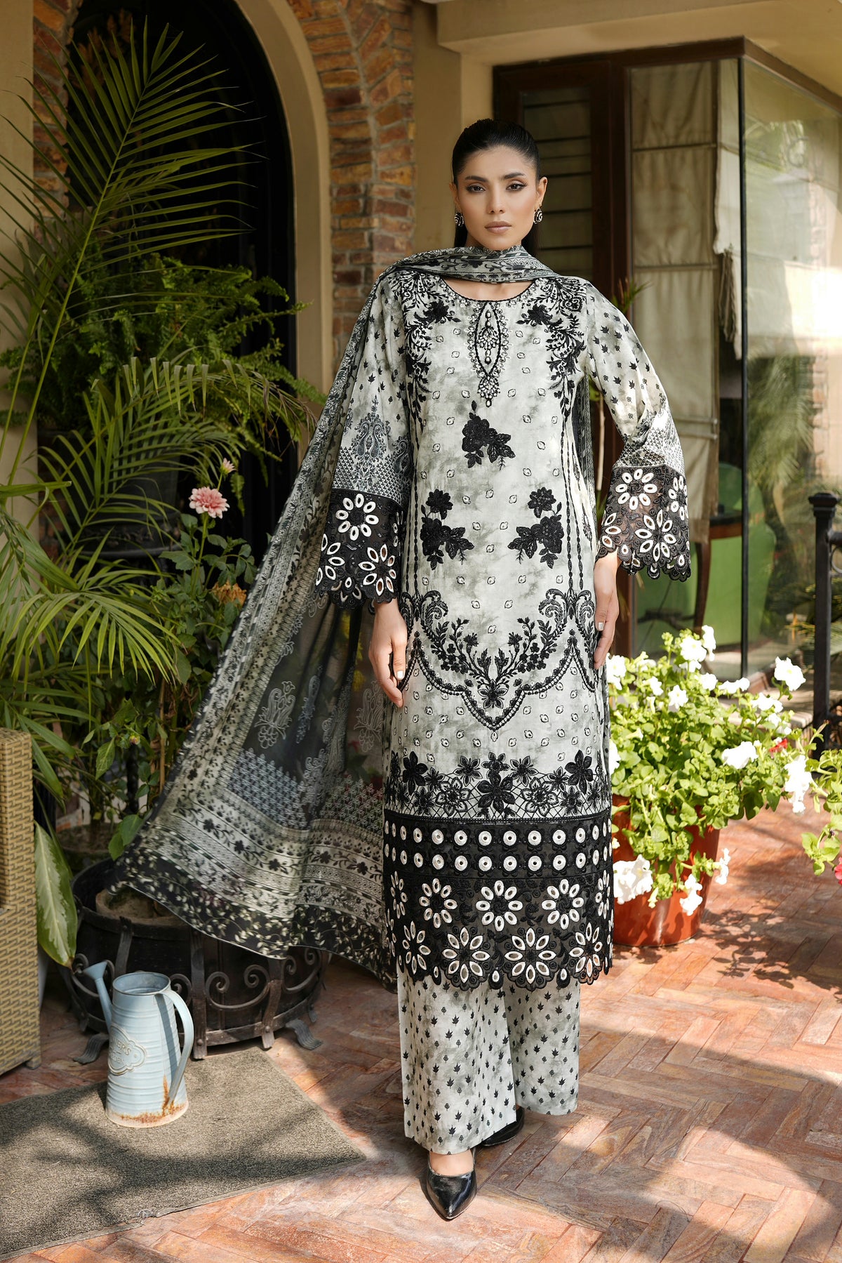 3 Piece Embroidered Black Floral Suit