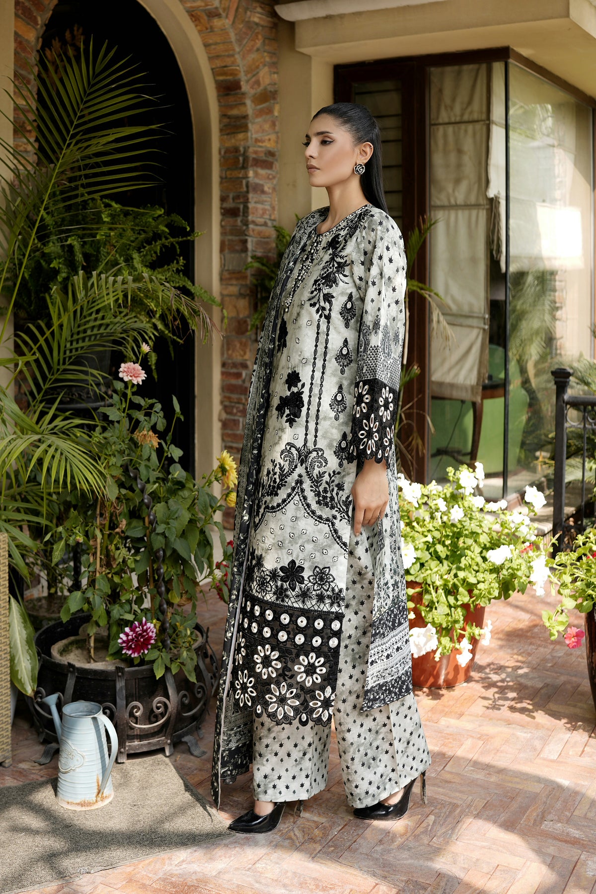 3 Piece Embroidered Black Floral Suit