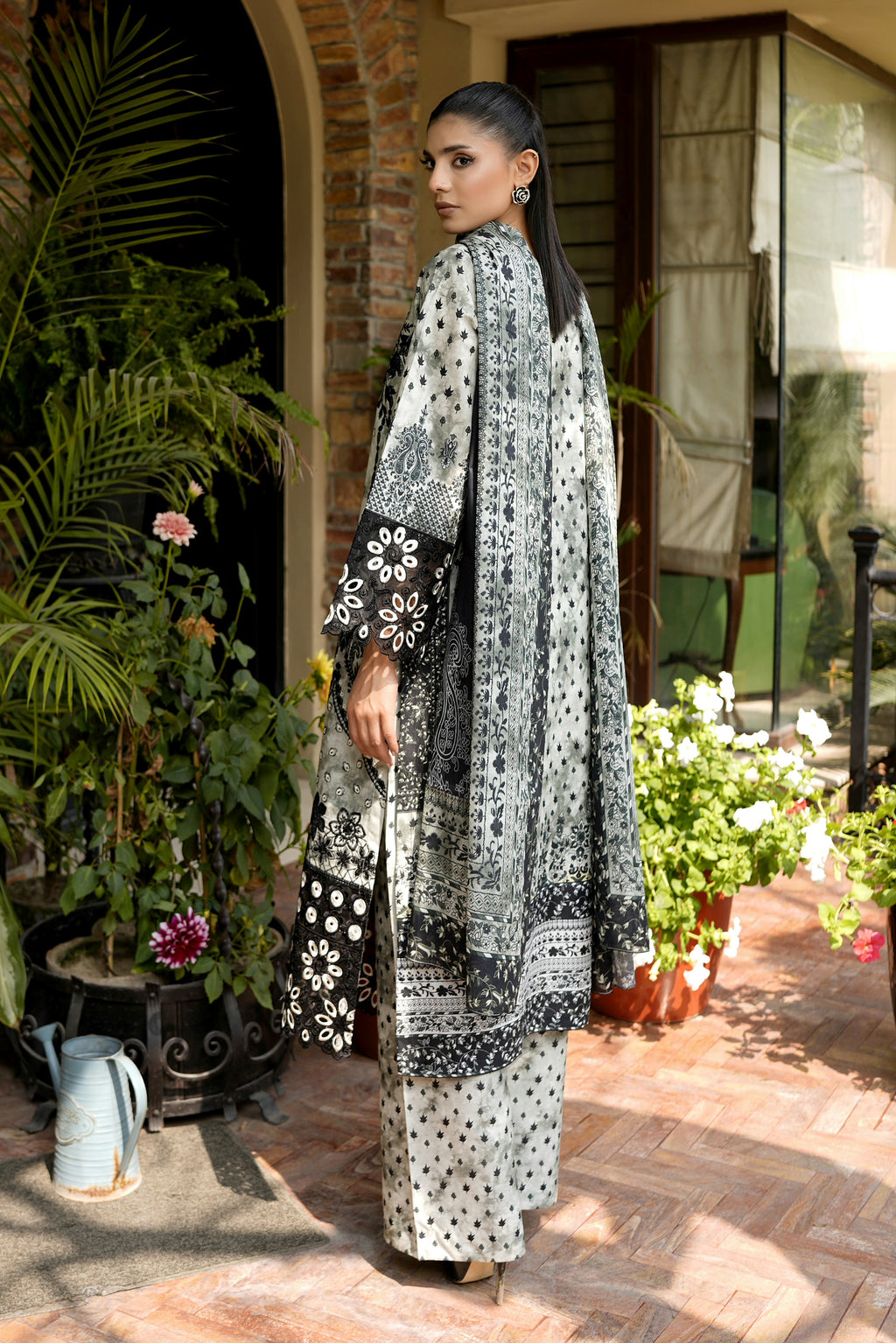 3 Piece Embroidered Black Floral Suit
