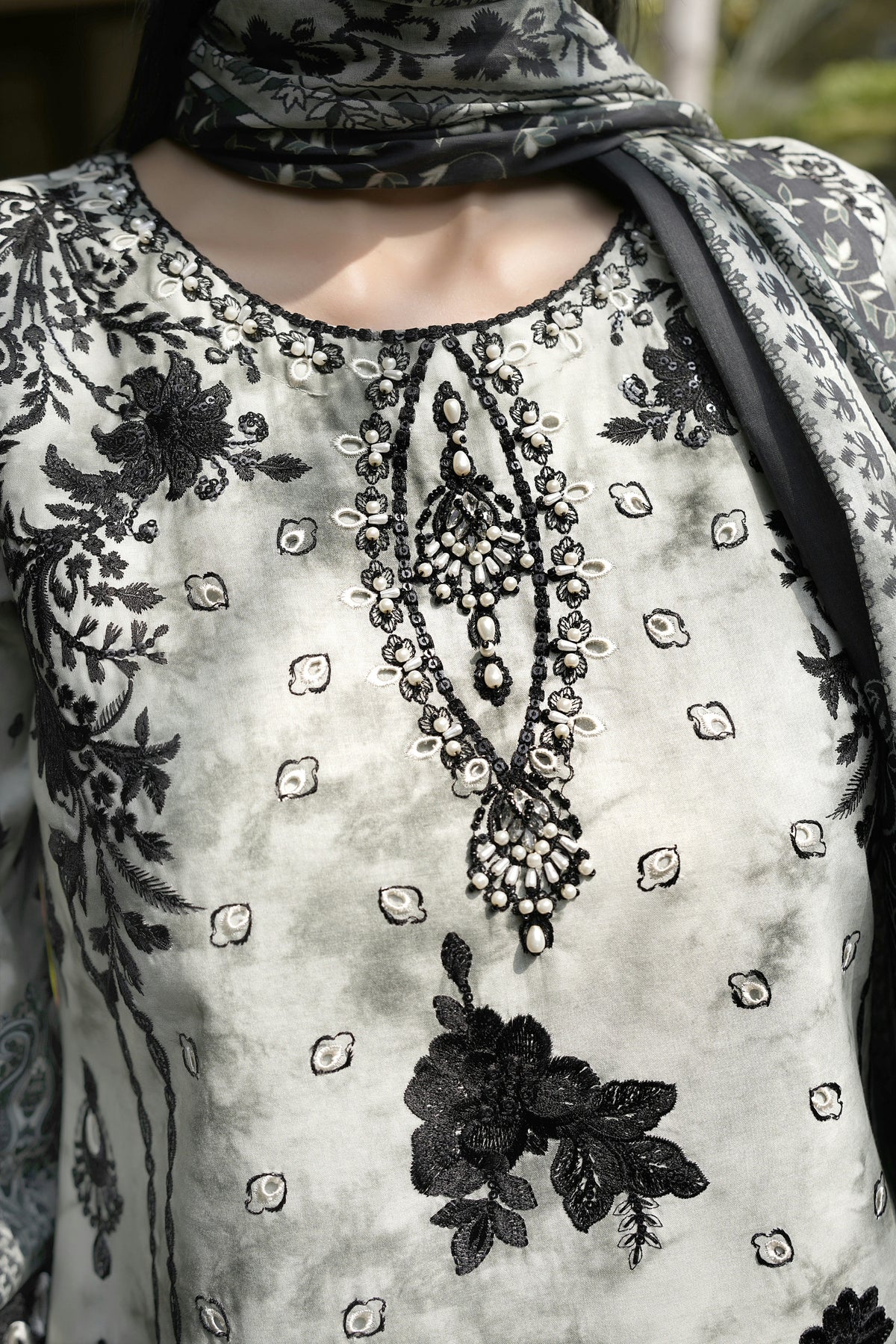 3 Piece Embroidered Black Floral Suit