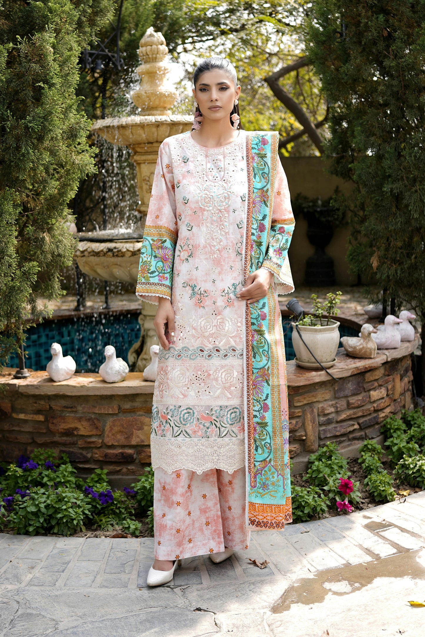 3 Piece Embroidered Peach Summer Cotton Suit