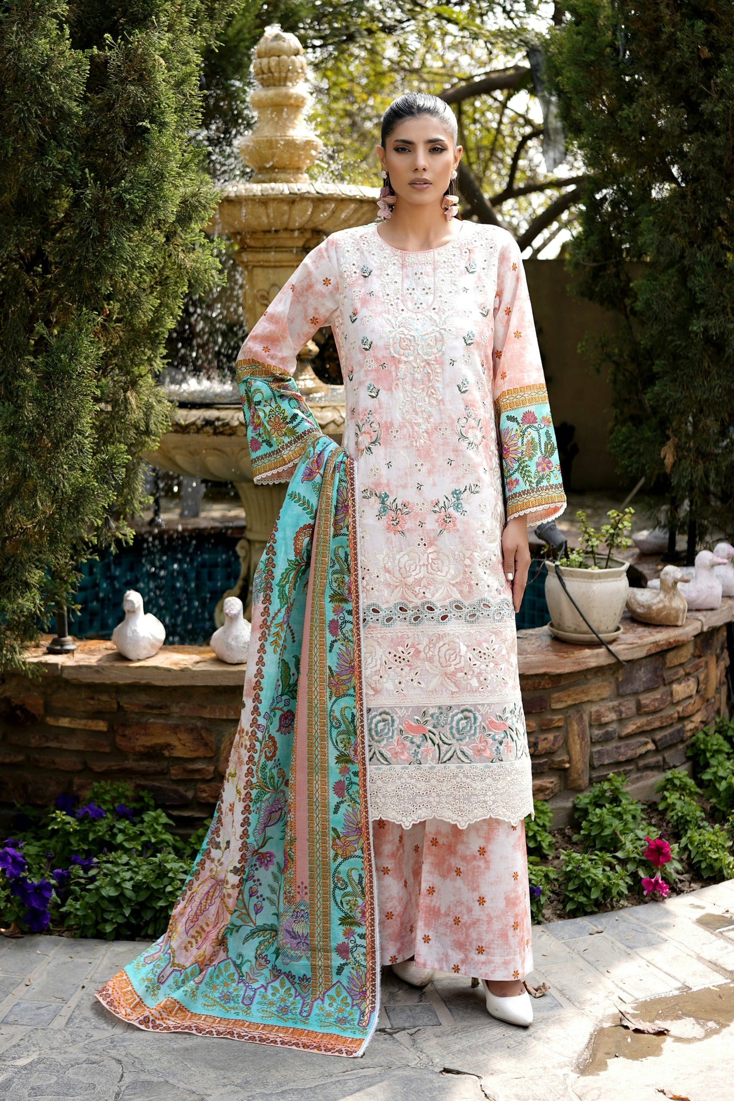 3 Piece Embroidered Peach Summer Cotton Suit