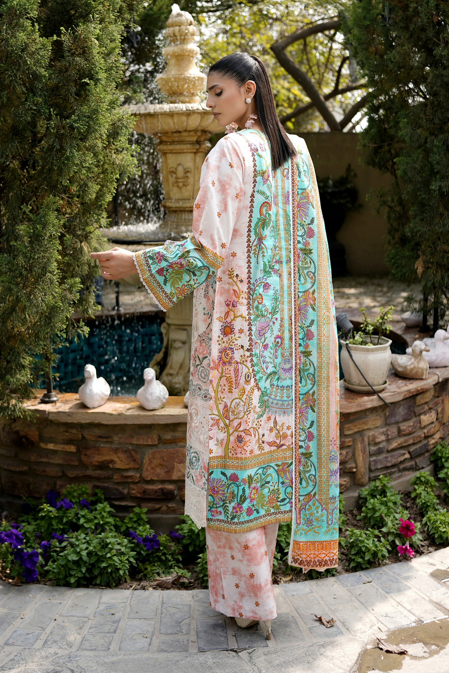 3 Piece Embroidered Peach Summer Cotton Suit