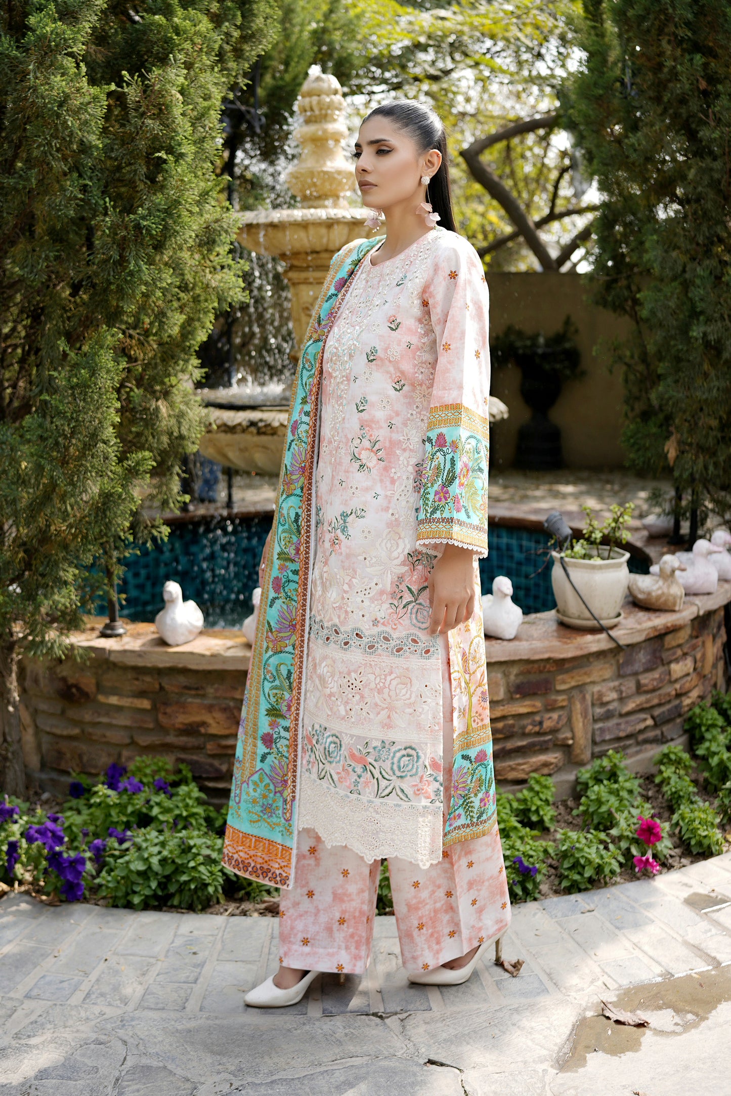 3 Piece Embroidered Peach Summer Cotton Suit
