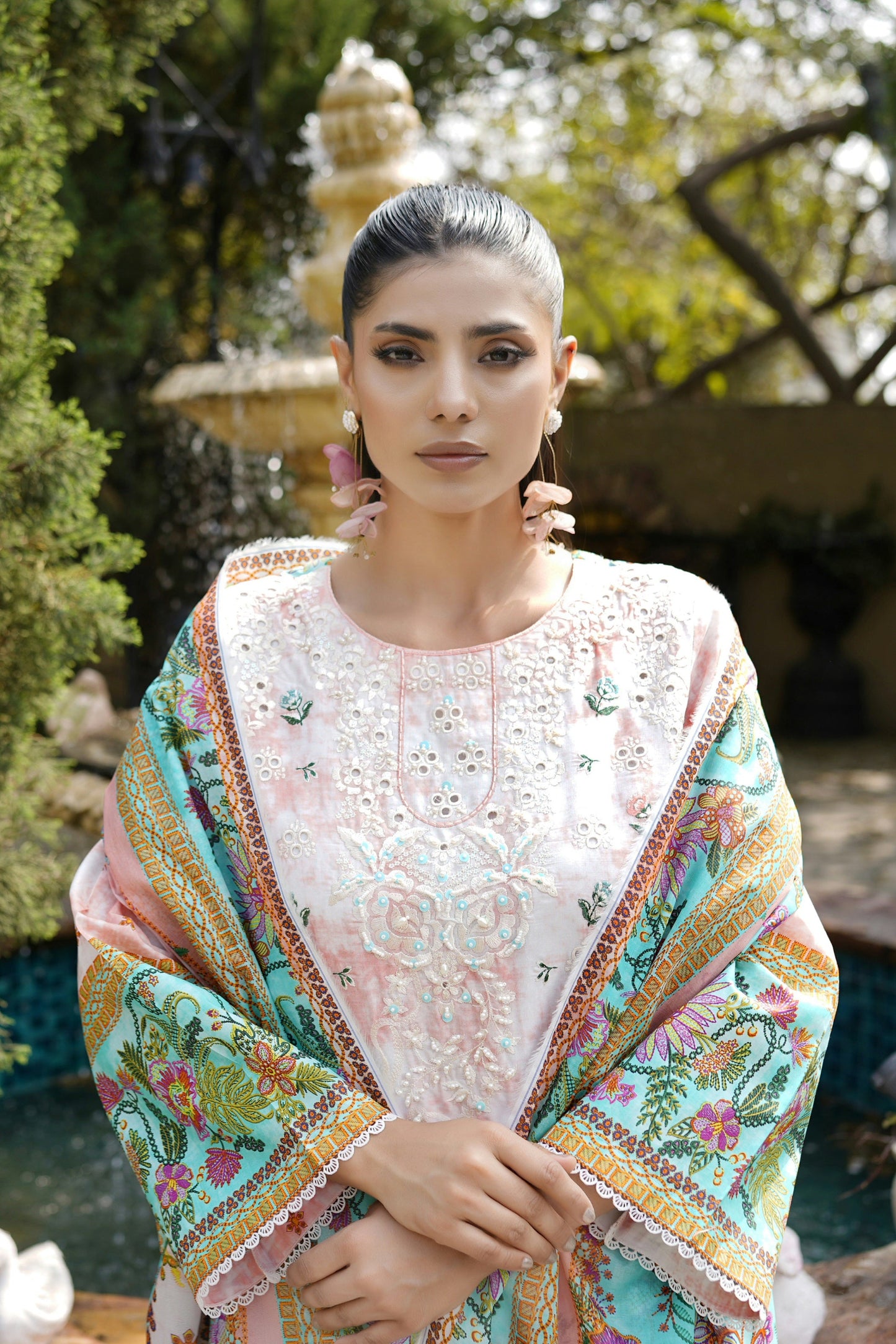 3 Piece Embroidered Peach Summer Cotton Suit
