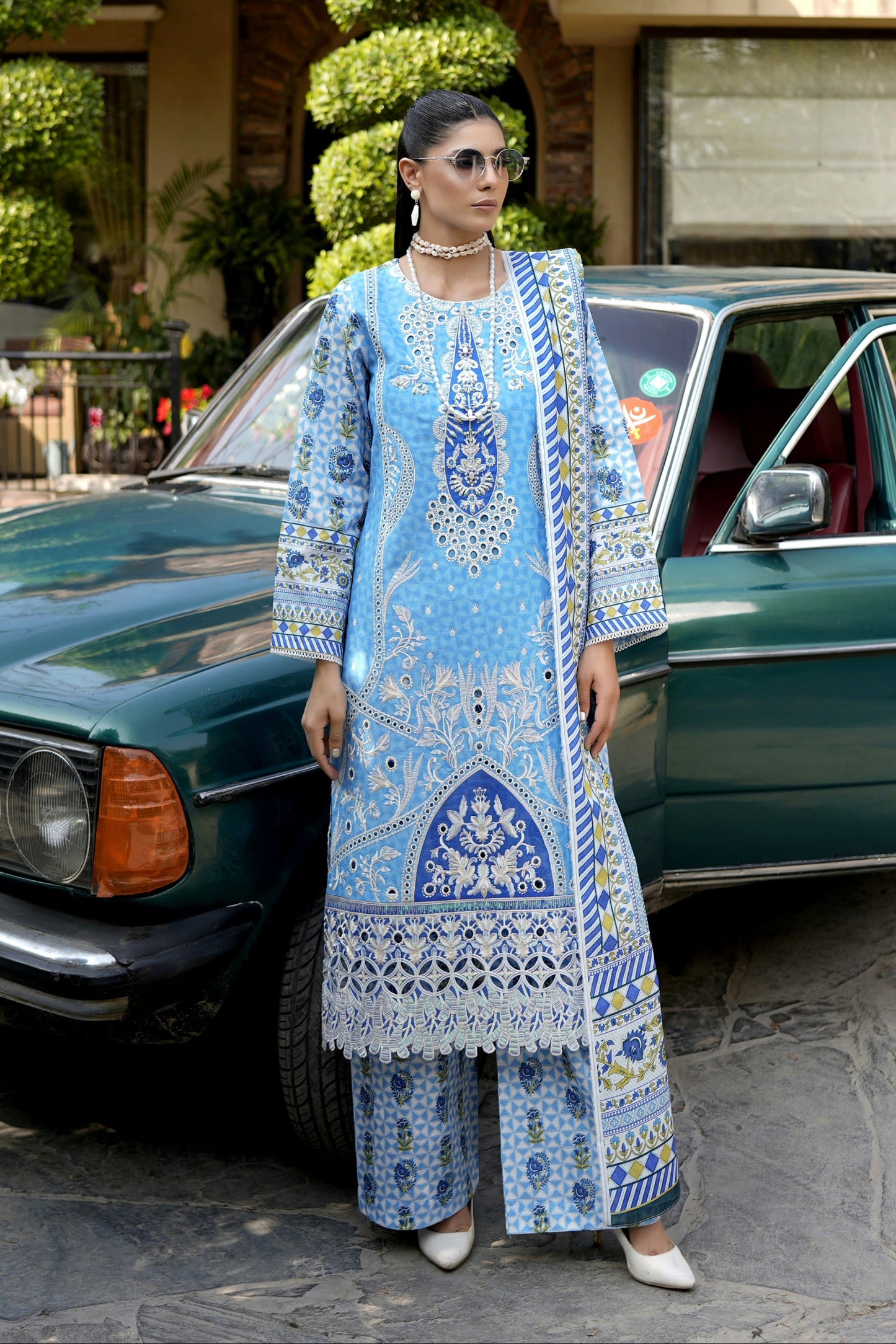 3 Piece Vibrant Sky Blue Suit-Embroidered