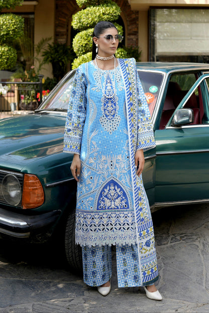 3 Piece Vibrant Sky Blue Suit-Embroidered