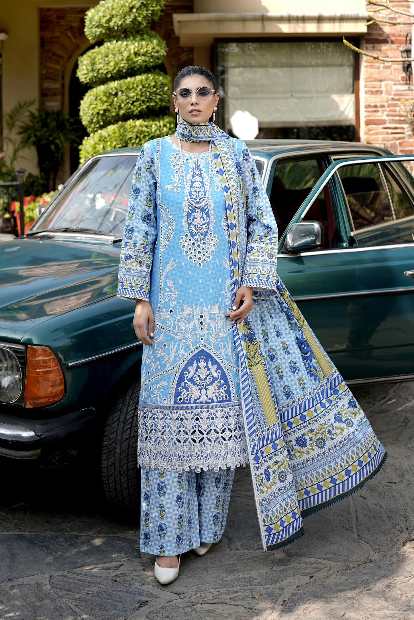3 Piece Vibrant Sky Blue Suit-Embroidered