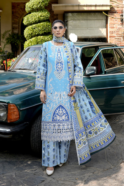 3 Piece Vibrant Sky Blue Suit-Embroidered