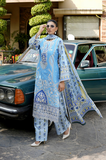 3 Piece Vibrant Sky Blue Suit-Embroidered