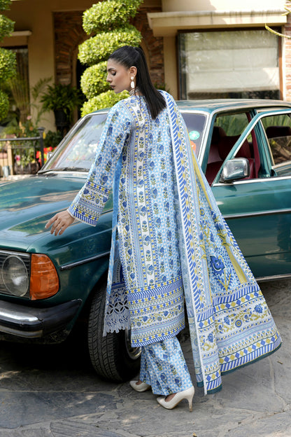 3 Piece Vibrant Sky Blue Suit-Embroidered