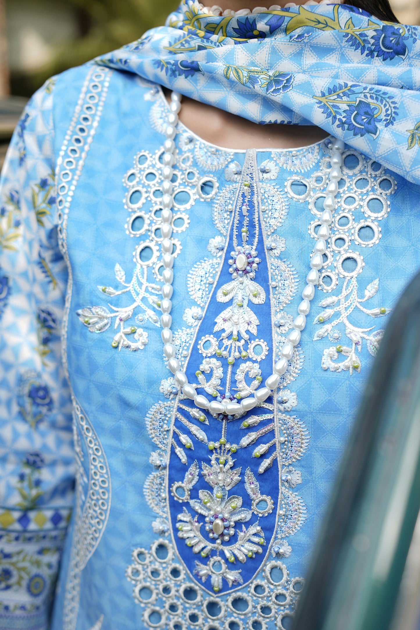 3 Piece Vibrant Sky Blue Suit-Embroidered